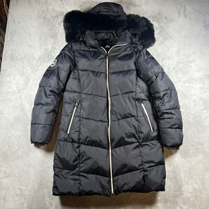 Black Long Puffer Jacket Womens Small Fur Hood Winter Parka Zip Coat